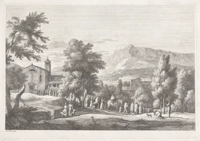 Landschap met kerk en processie