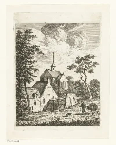 Landschap met kerk en watermolen