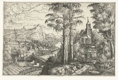 Landschap met kerk op berg en vergezicht met stad