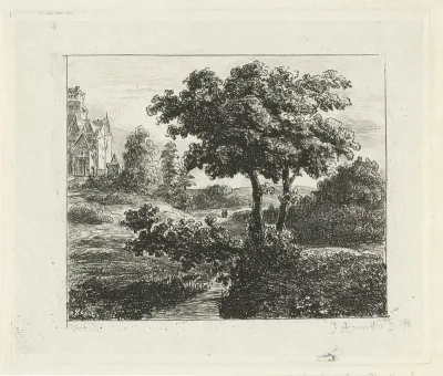 Landschap met kerk op een heuvel