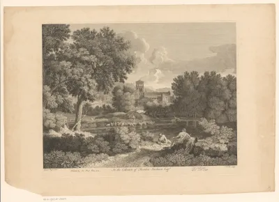 Landschap met kerk, schapenkudde en herders liggend bij een oever