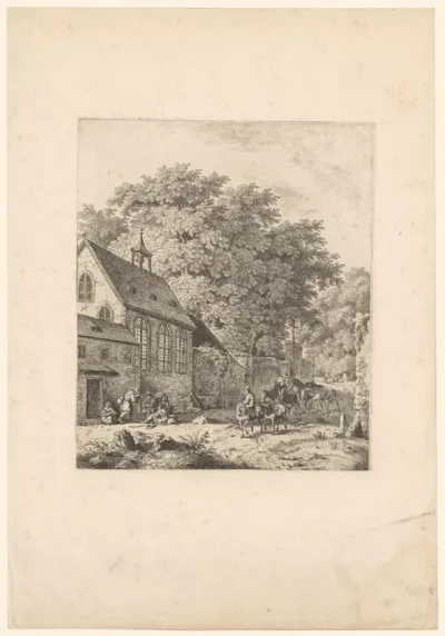Landschap met kerkgebouw en pad met reizigers