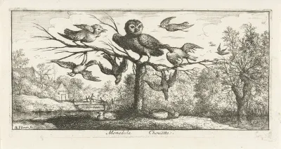 Landschap met kerkuil tussen andere vogels