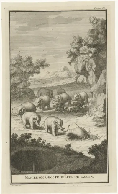 Landschap met Khoekhoe die jagen op olifanten