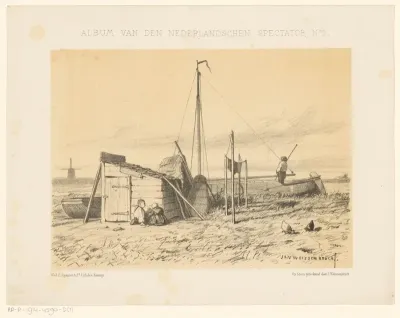 Landschap met kinderen bij schuur en boot