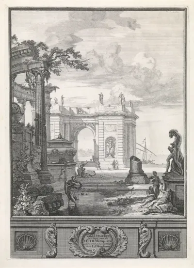 Landschap met klassieke beelden en gebouwen