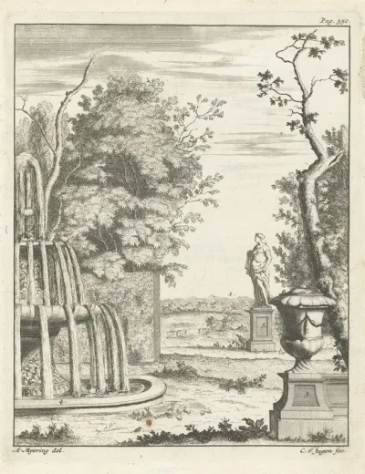Landschap met klassieke beelden