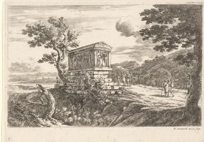 Landschap met klassieke sarcofaag