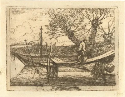 Landschap met kleine aanlegsteiger waarop een lopende man met emmer