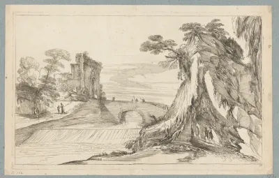 Landschap met kleine waterval bij een brug