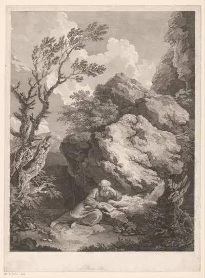 Landschap met kluizenaar bij een rots