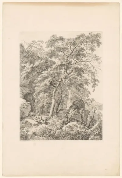 Landschap met kluizenaar rustend bij een grote boom