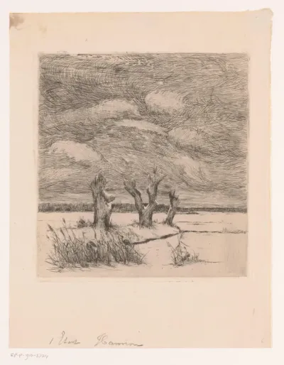 Landschap met knotwilgen en twee vogels in het riet