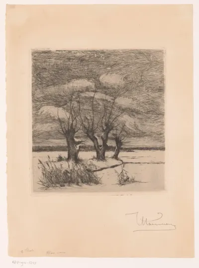 Landschap met knotwilgen en twee vogels in het riet