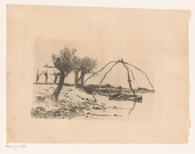 Landschap met knotwilgen, in het water een roeiboot met een totebel
