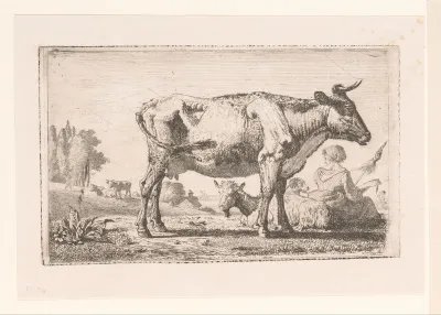 Landschap met koe en geit bij een spinster