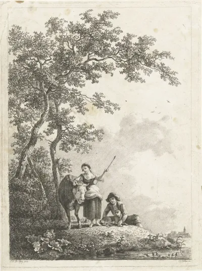 Landschap met koe, herderin en herdersjongen met hond