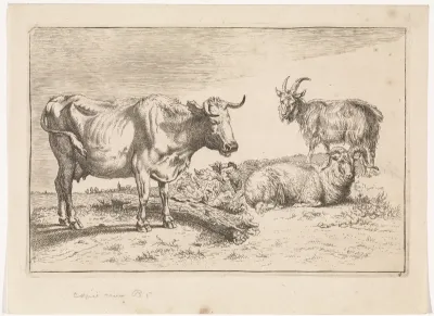 Landschap met koe met gedraaide hoorn, ram en geit