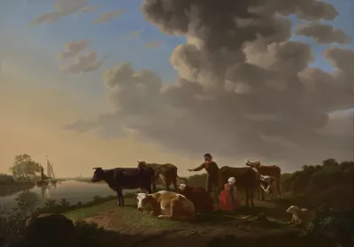 Landschap met koeien aan de bocht van een rivier