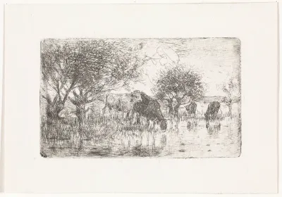 Landschap met koeien bij een water