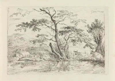 Landschap met koeien bij het water
