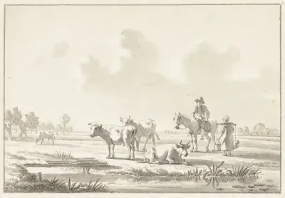 Landschap met koeien, een man te paard en een vrouw