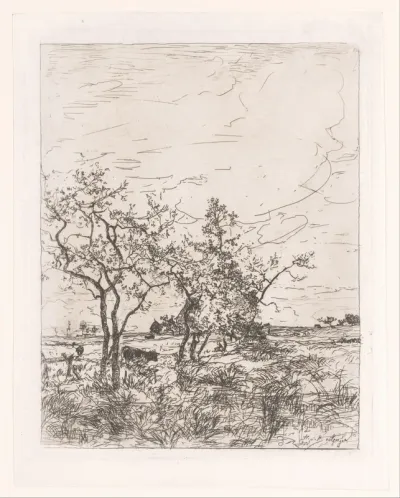 Landschap met koeien en een boerderij