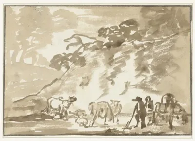Landschap met koeien en een herder