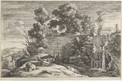 Landschap met koeien en een spinster