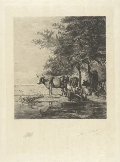 Landschap met koeien en een vrouw die een emmer wast
