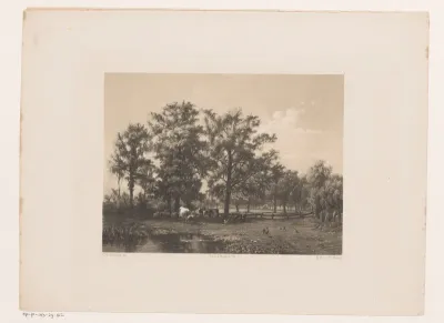 Landschap met koeien en kippen