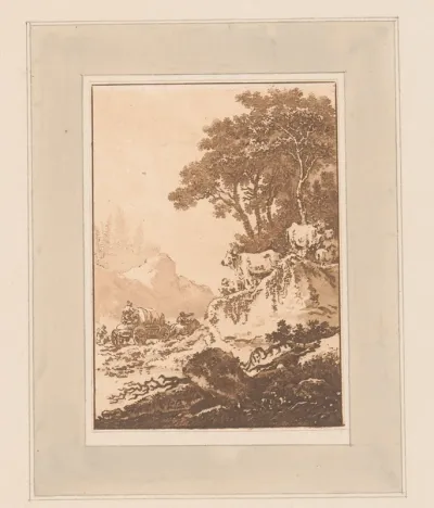 Landschap met koeien en reizigers met een kar