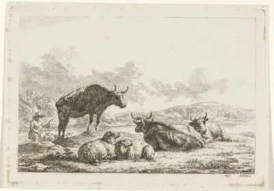 Landschap met koeien en schapen