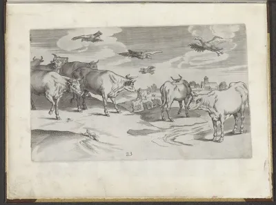 Landschap met koeien en vliegende vogels
