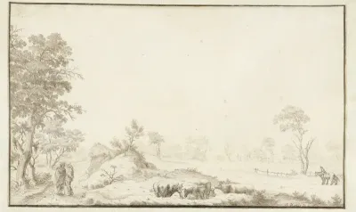 Landschap met koeien en wandelaars