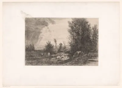 Landschap met koeien langs beek
