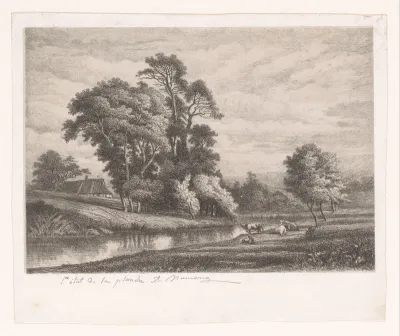 Landschap met koeien langs een rivier