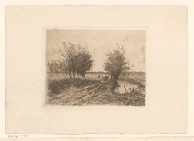 Landschap met koeien op een weg langs een sloot