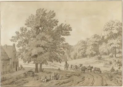 Landschap met koeien op een zandweg en een boerderij met waterput