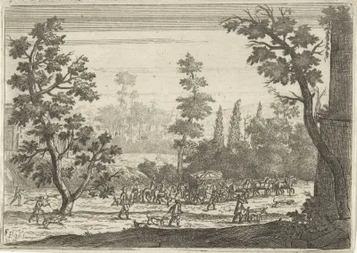Landschap met koets en jachtgezelschap
