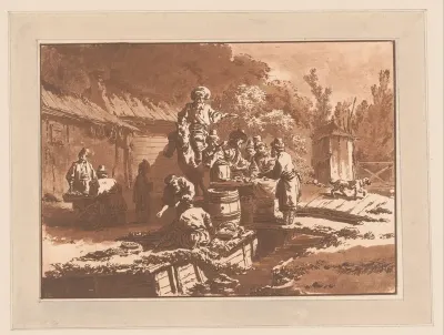 Landschap met koopmannen en mannen rond een tafel van tonnen