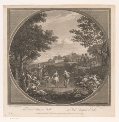 Landschap met koppel dansend op muziek van fluit en tamboerijn