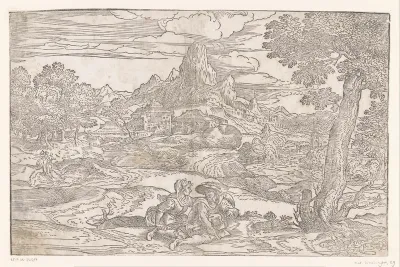 Landschap met koppel met een draailier