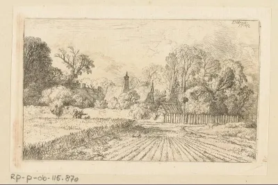 Landschap met korenveld en boerderij in de verte