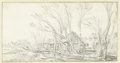 Landschap met kromme kale bomen voor boerderijen