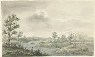 Landschap met kronkelende rivier en hengelaars