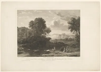 Landschap met kudde runderen en geiten door het water gedreven