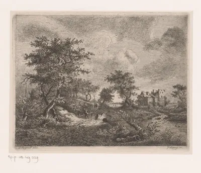 Landschap met lage brug over een stroom en een vervallen landhuis op de achtergrond