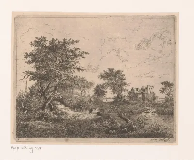 Landschap met lage brug over een stroom en een vervallen landhuis op de achtergrond