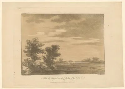 Landschap met lage horizon, bomen en hut